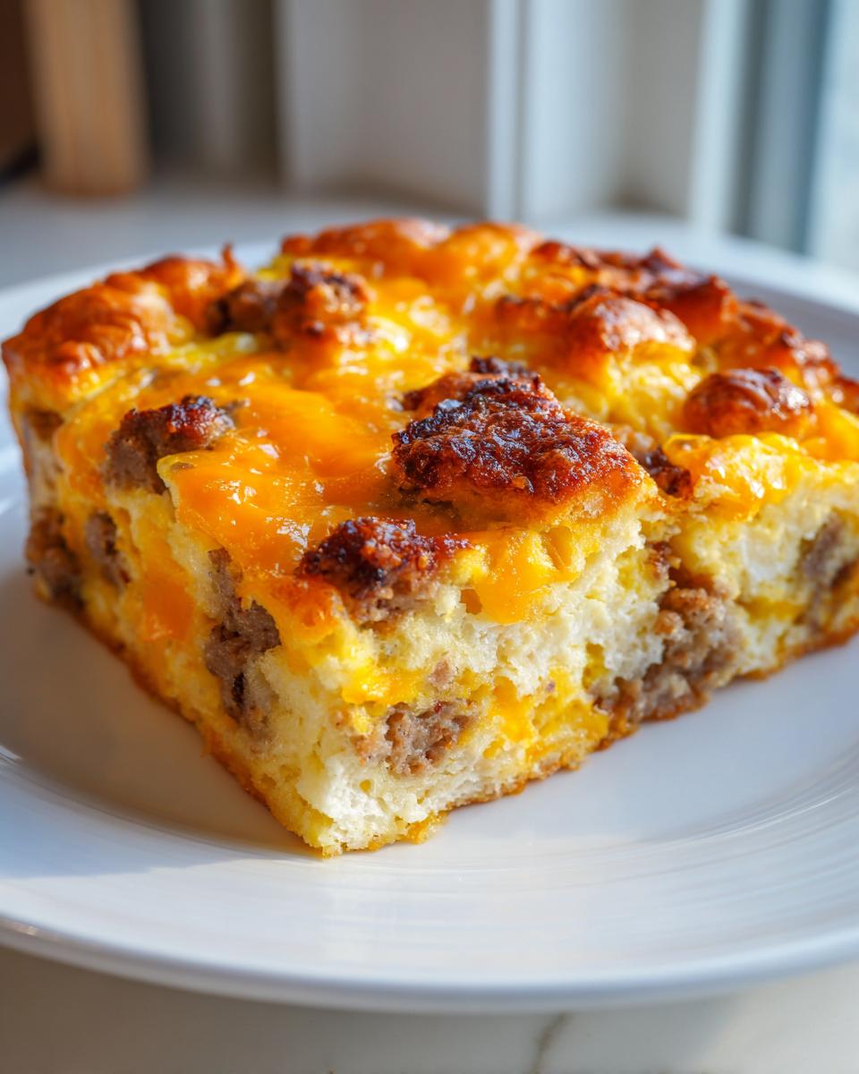 A delicious slice of breakfast casserole with sausage, melted cheese, and fluffy bread on a white plate.