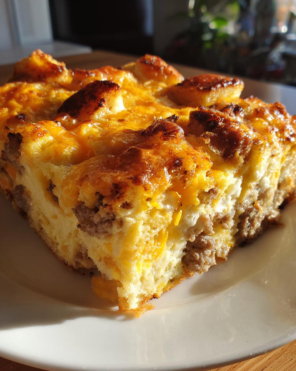 A close-up of a slice of a hearty breakfast casserole with sausage, eggs, and cheese on a white plate.