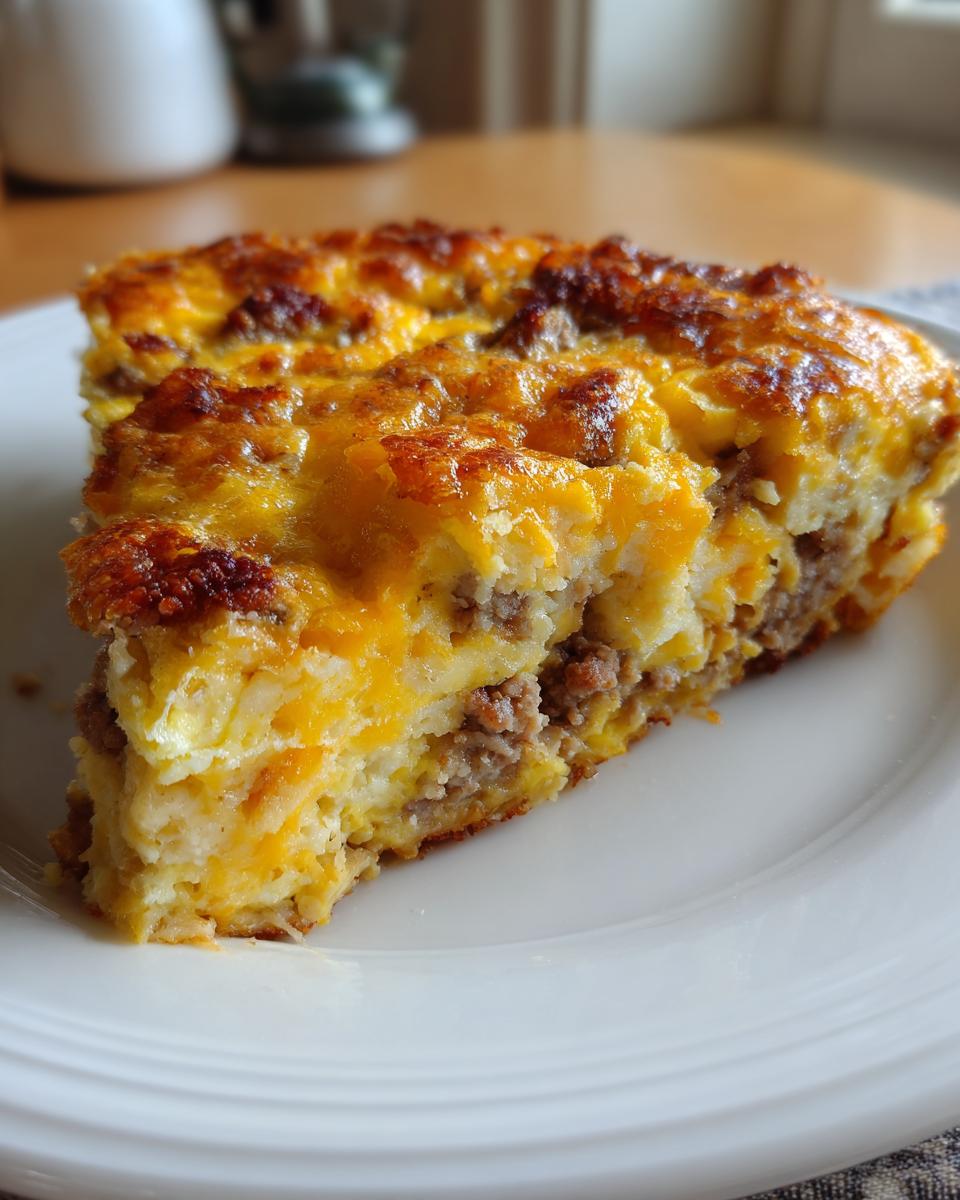 A generous slice of a hearty breakfast casserole featuring layers of sausage, eggs, and melted cheddar cheese.