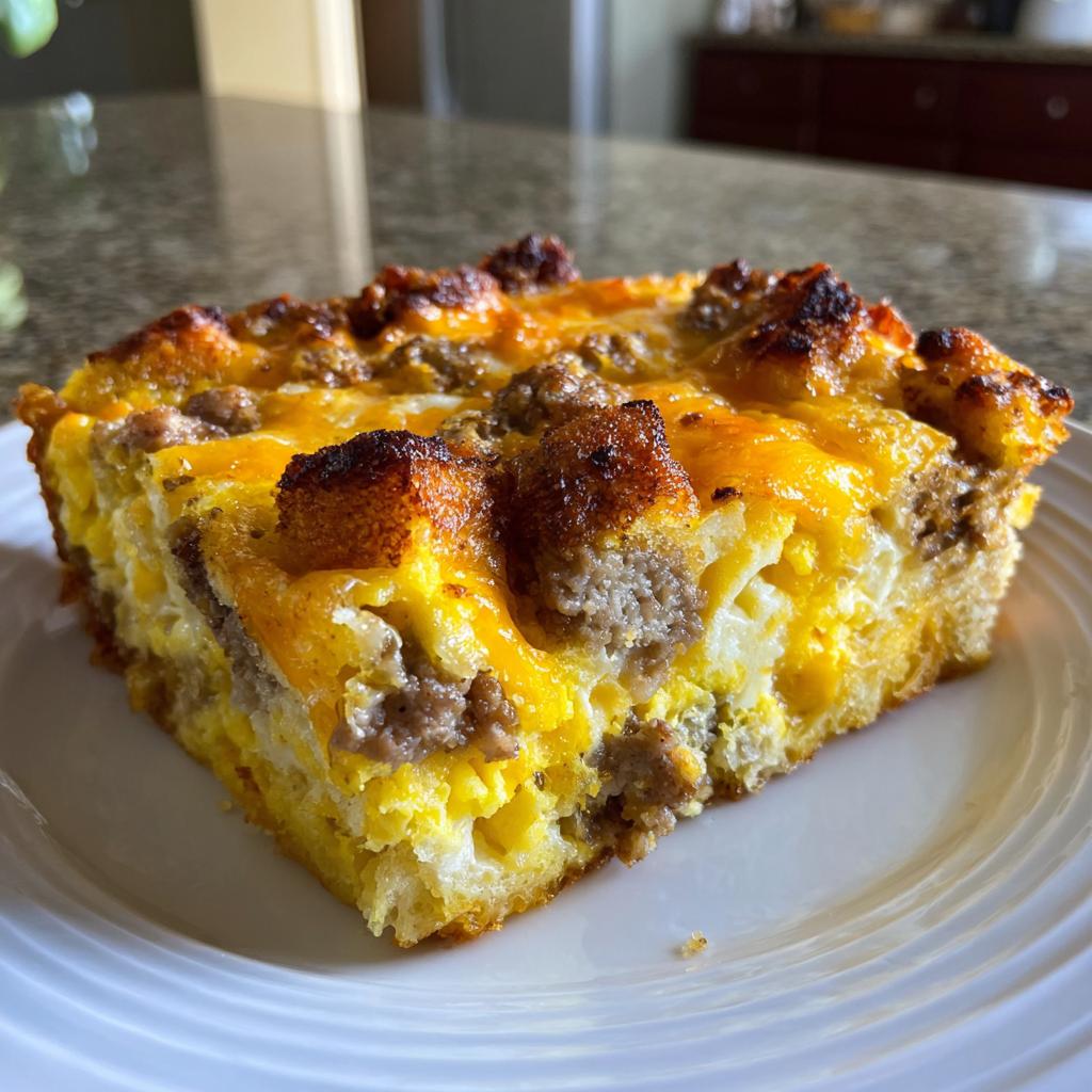 A close-up of a hearty slice of breakfast casserole with sausage, eggs, cheese, and bread on a white plate.