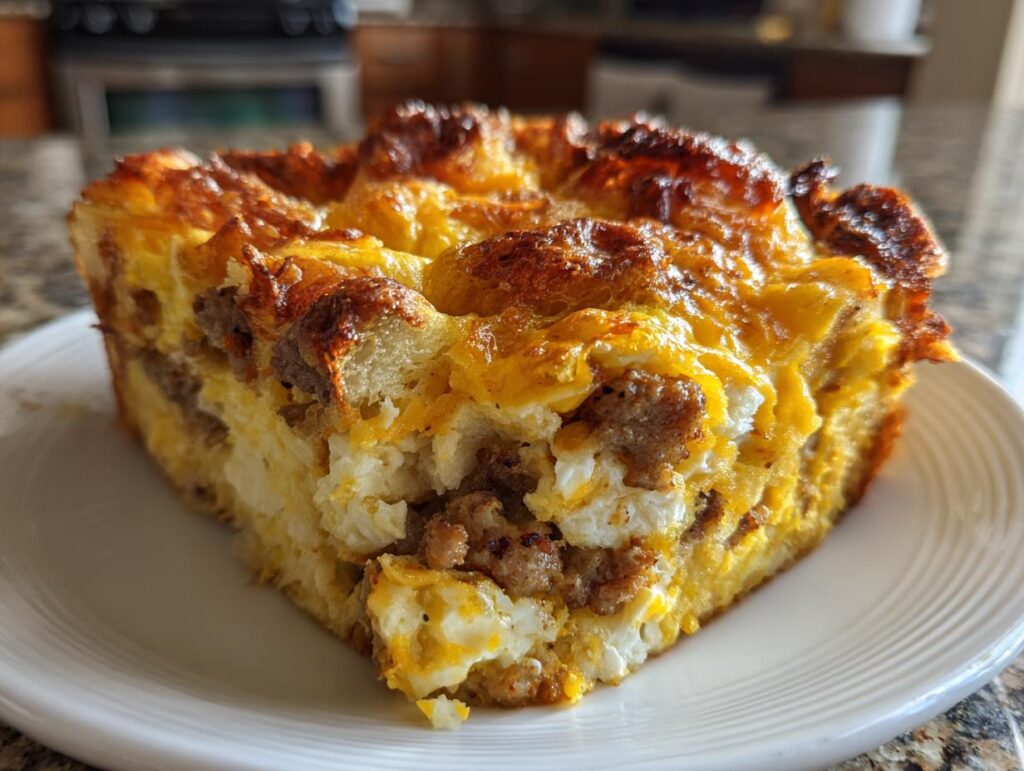 A generous slice of a golden-brown breakfast casserole with sausage, eggs, and cheese on a white plate.