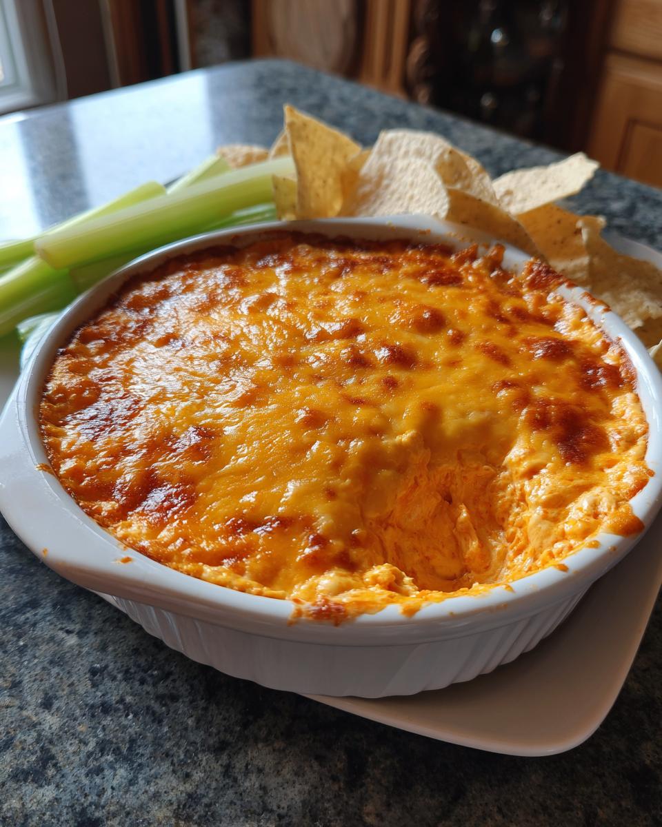 A bubbling dish of hot buffalo chicken dip topped with melted cheese, served with celery sticks and tortilla chips.