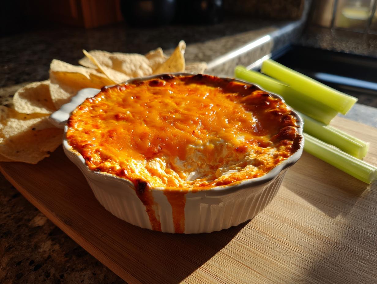 A bubbling, cheesy buffalo chicken dip in a white ramekin, served with tortilla chips and celery sticks.