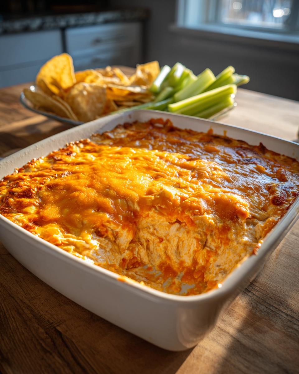 A close-up of a bubbly, cheesy buffalo chicken dip in a white baking dish, served with tortilla chips and celery sticks.