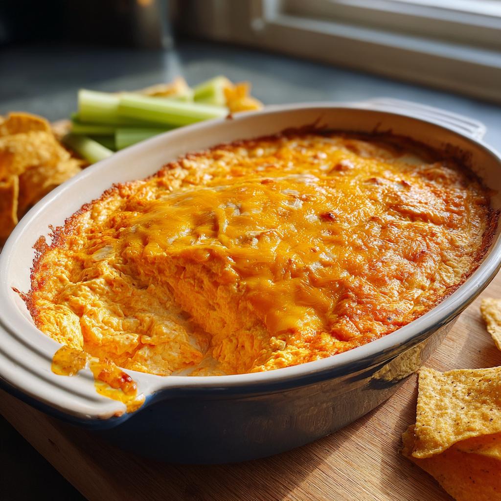 A close-up of a bubbling hot buffalo chicken dip in a casserole dish, topped with melted cheddar cheese, served with tortilla chips and celery sticks.