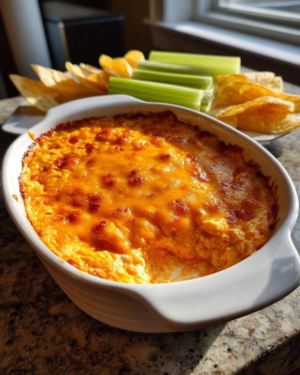 A bubbly, golden-brown buffalo chicken dip in a white casserole dish, served with tortilla chips and celery sticks.