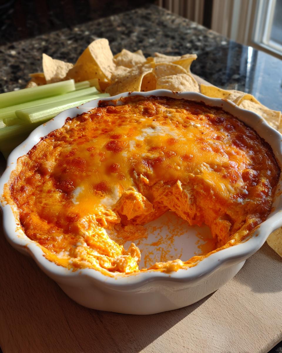 A bubbling dish of 5-ingredient buffalo chicken dip topped with melted cheese, served with tortilla chips and celery sticks.