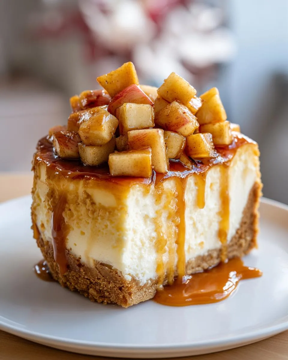 A slice of decadent Caramel Apple Cheesecake topped with cinnamon-spiced apples and a rich caramel drizzle.