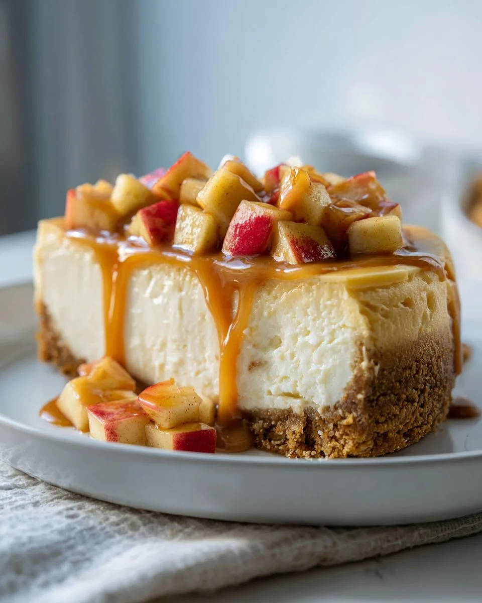 A delicious slice of caramel apple cheesecake topped with diced apples and drizzled with caramel sauce.