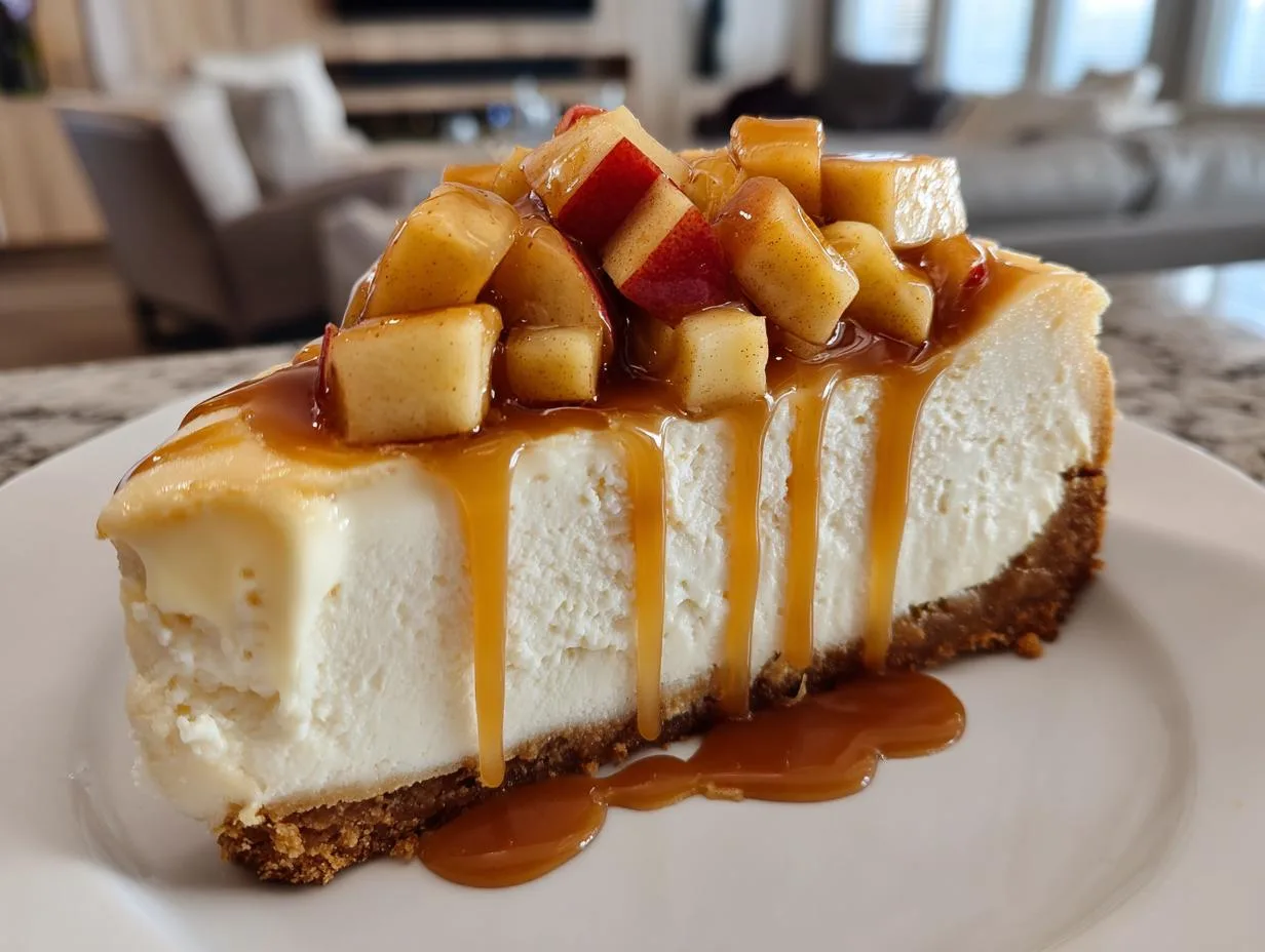 A decadent slice of caramel apple cheesecake, drizzled with caramel sauce and topped with diced apples.