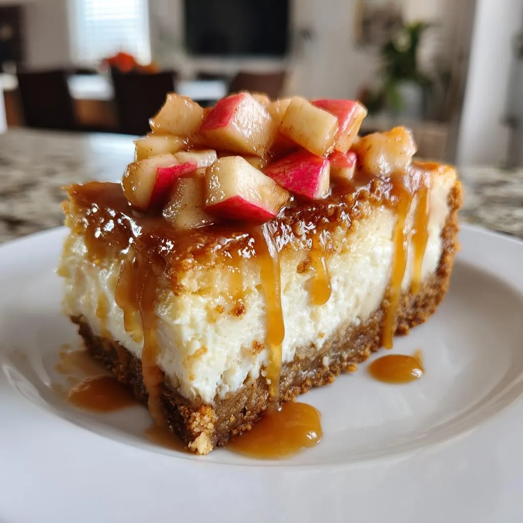A delicious slice of caramel apple cheesecake topped with diced apples and drizzled with caramel sauce.
