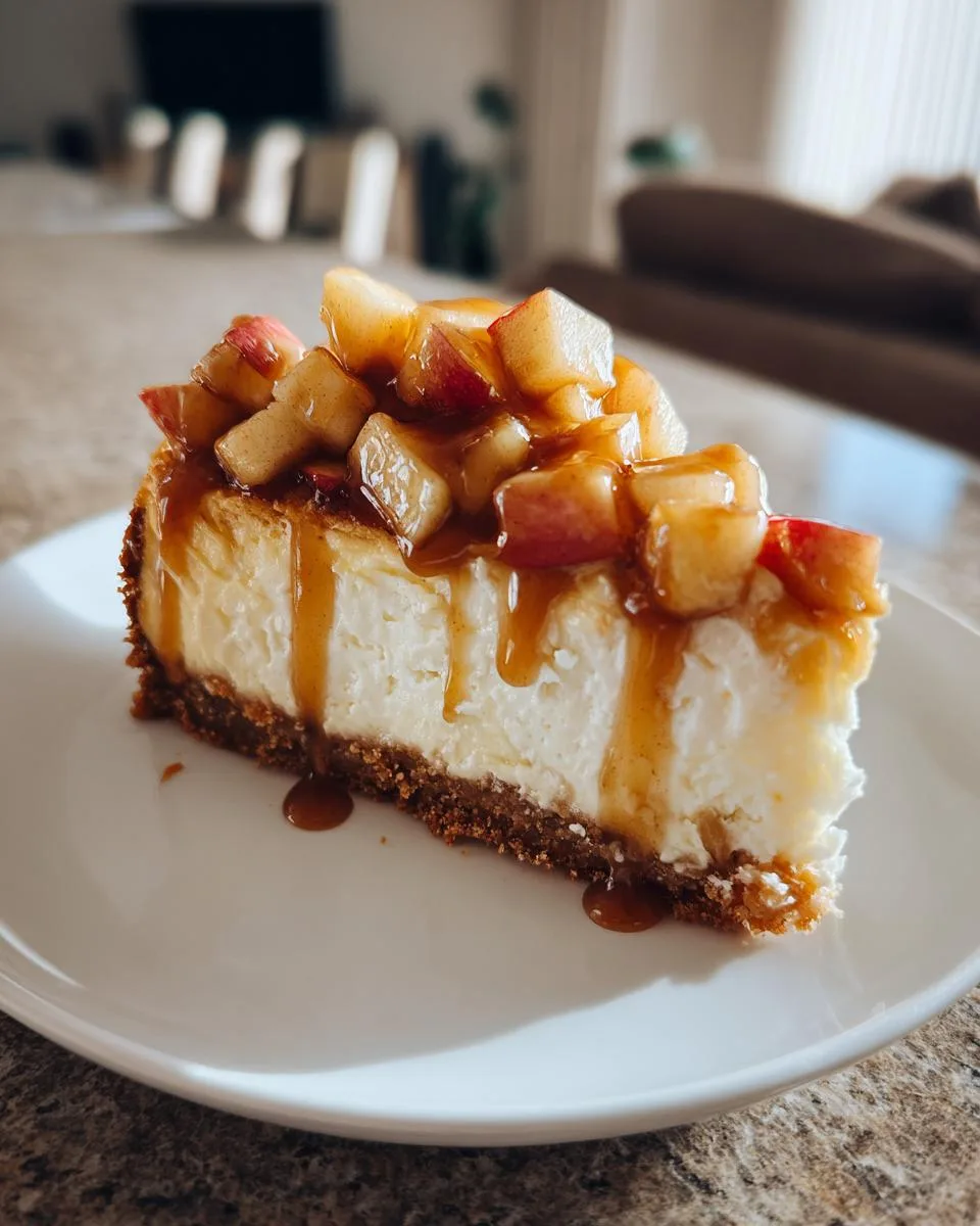 A slice of decadent caramel apple cheesecake topped with diced apples and drizzled with caramel sauce.