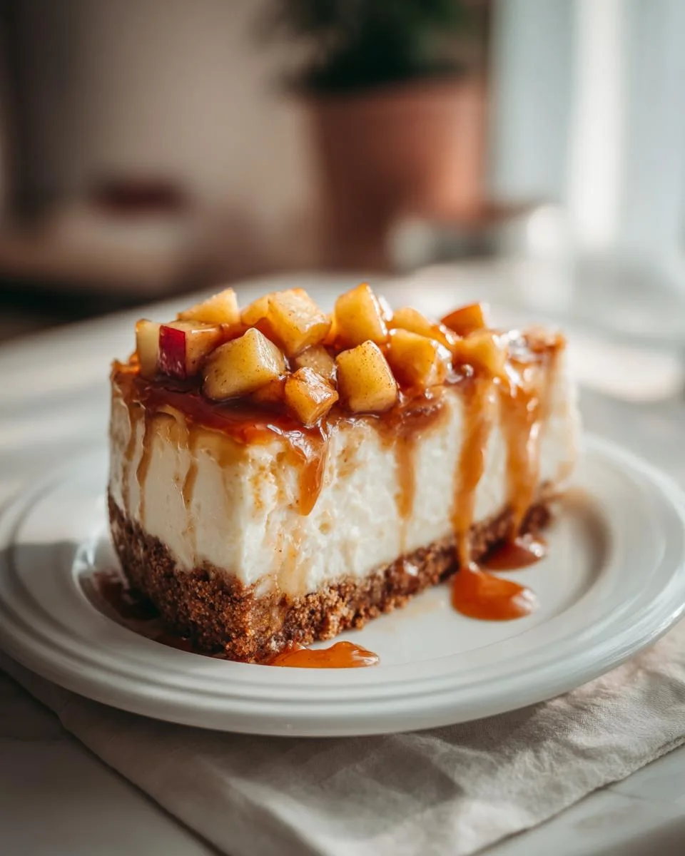 A decadent slice of Caramel Apple Cheesecake with a graham cracker crust, topped with diced apples and drizzled with caramel sauce.