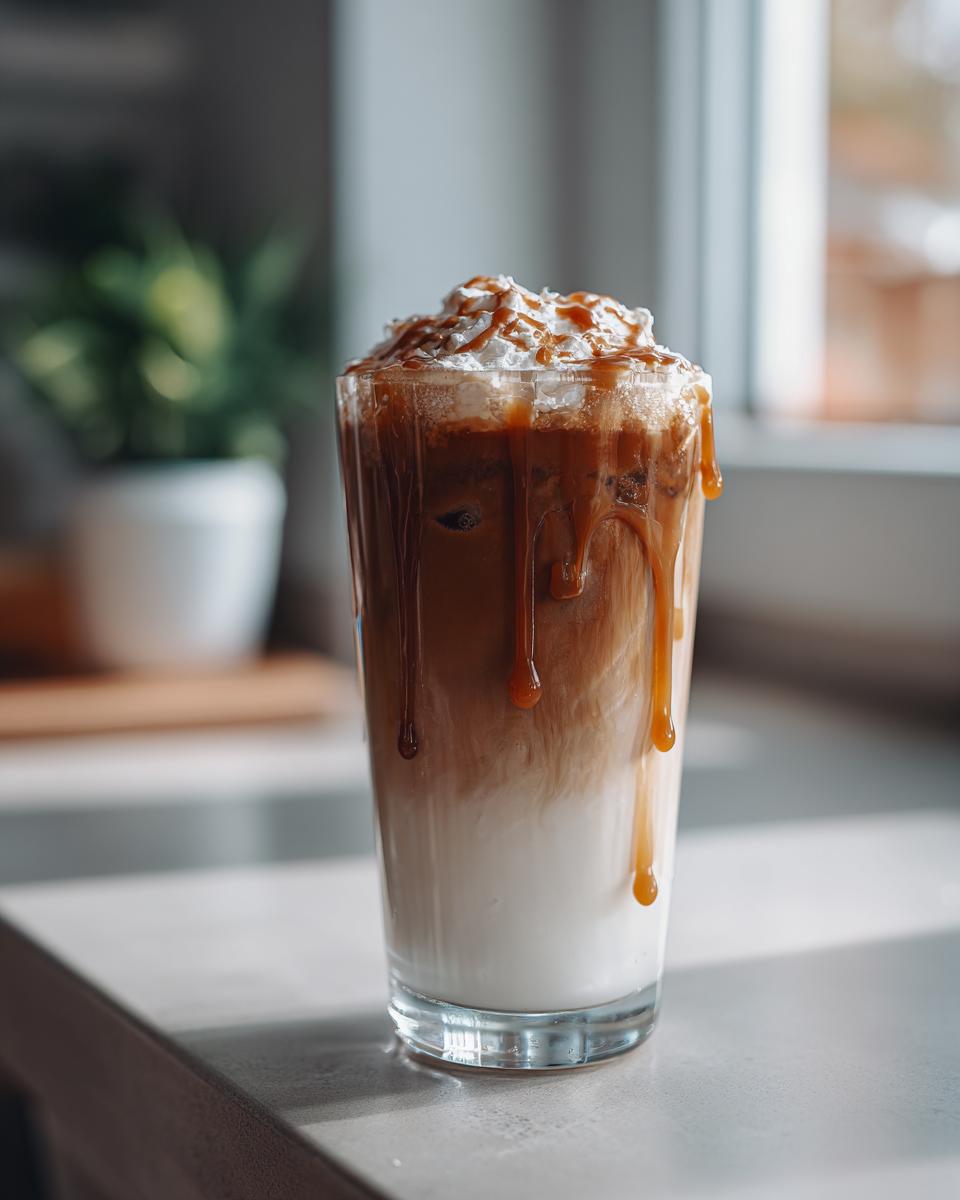 A tall glass of iced coffee with layers of milk and coffee, topped with whipped cream and caramel drizzle. A delicious Starbucks drink.