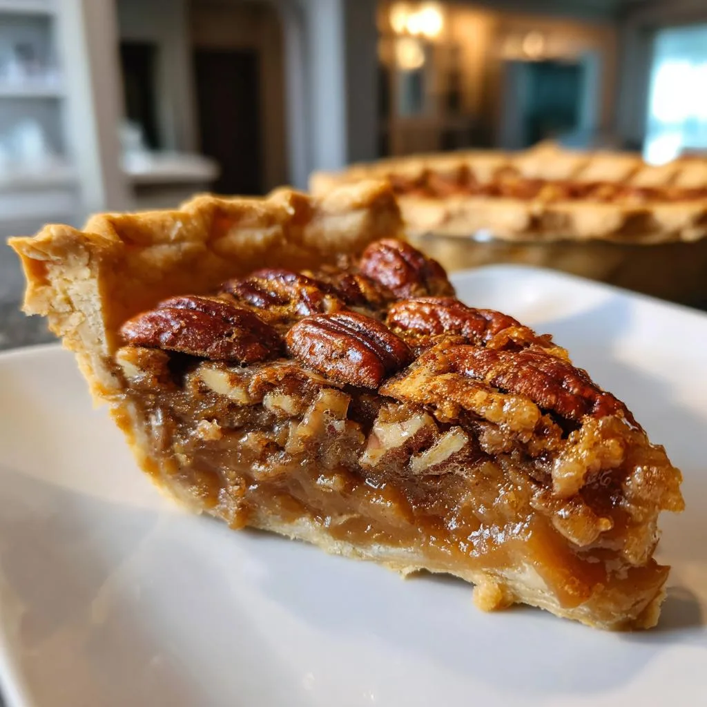 A delicious slice of caramel pecan pie on a white plate, showcasing a flaky crust and rich filling with whole pecans.