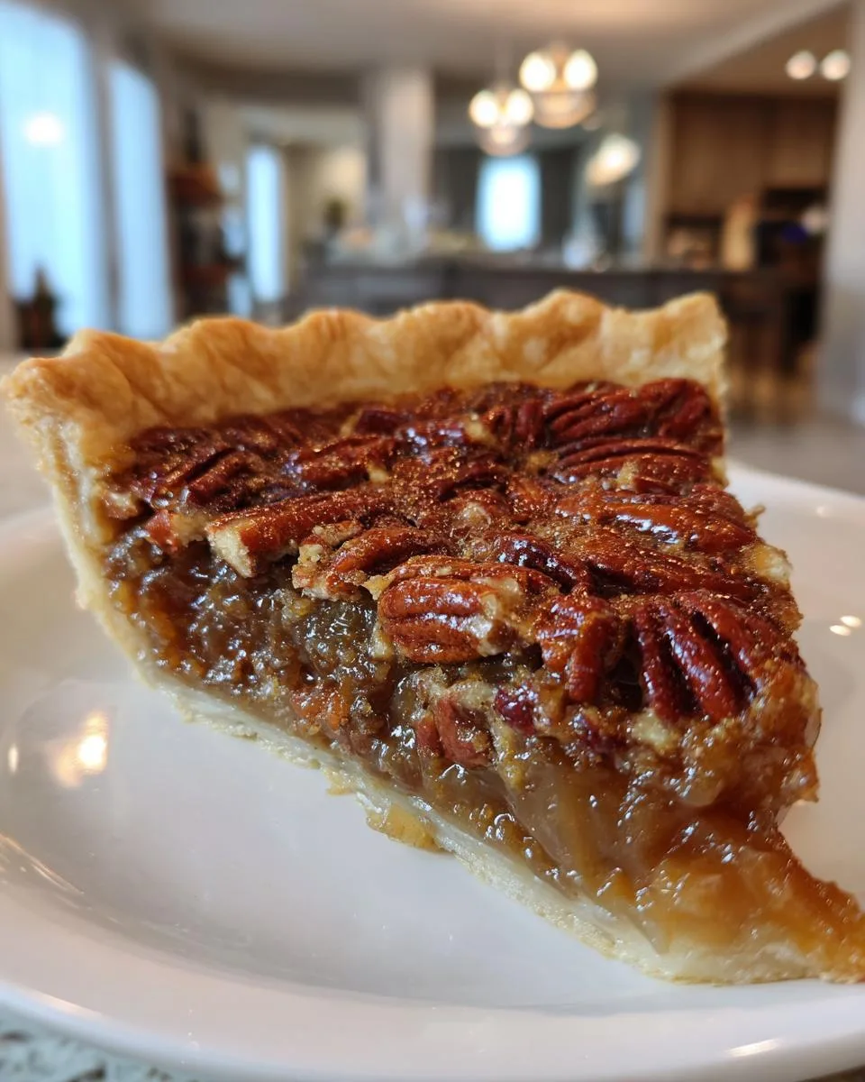 A delicious slice of caramel pecan pie with a flaky crust and gooey filling, topped with whole pecans.