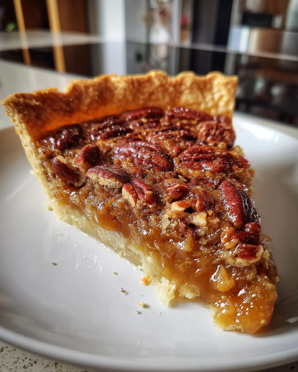 A delicious slice of Caramel Pecan Pie on a white plate, showcasing the flaky crust and gooey filling.