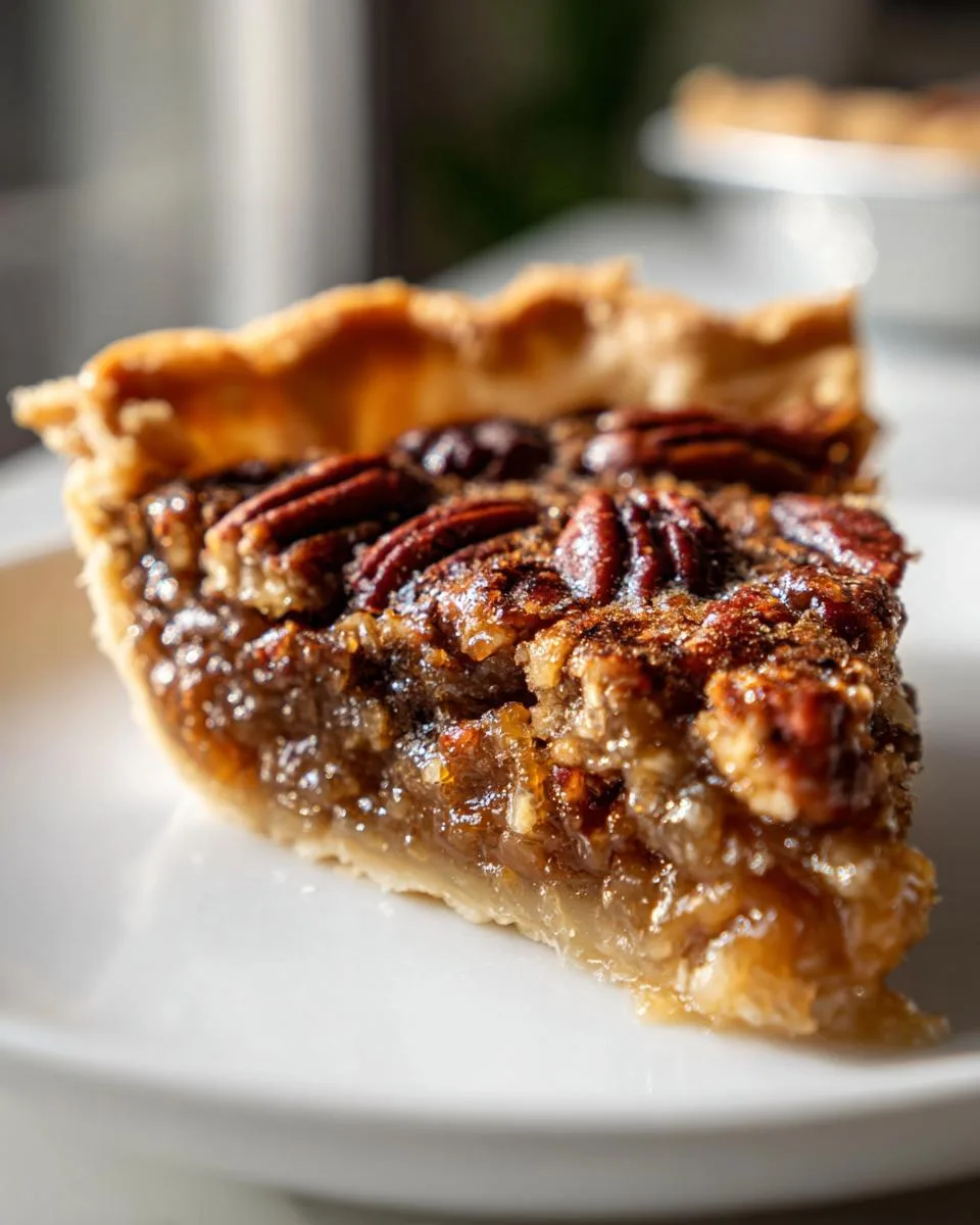 A close-up shot of a delicious slice of caramel pecan pie on a white plate, showcasing the flaky crust and rich filling.