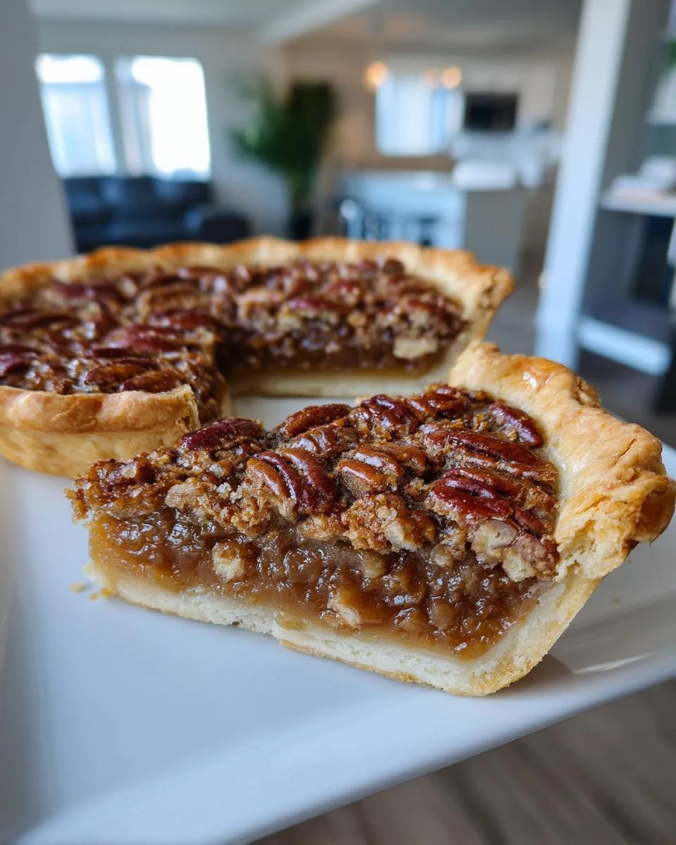 A close-up of a slice of caramel pecan pie, showing the flaky crust, gooey caramel filling, and whole pecans.