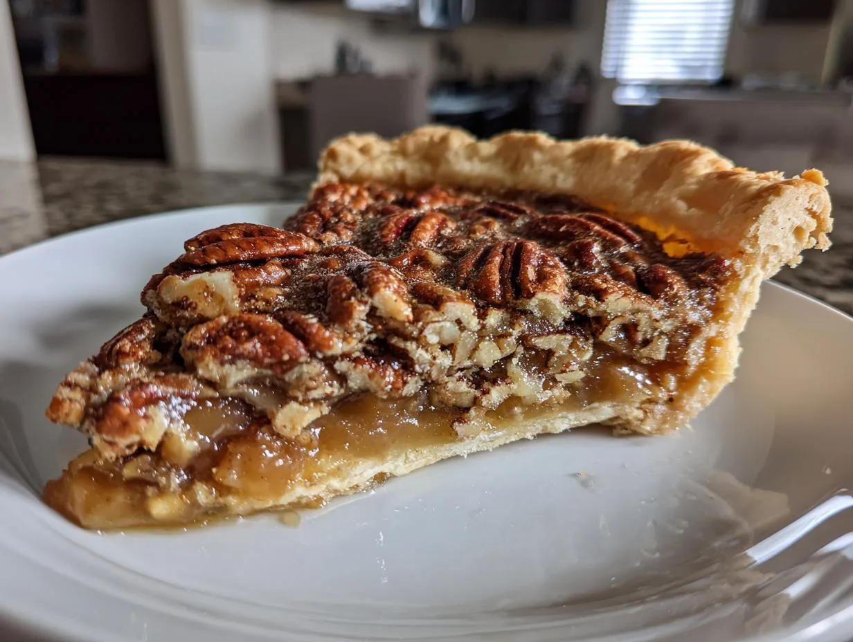 A delicious slice of caramel pecan pie on a white plate, showcasing a flaky crust and rich pecan filling.