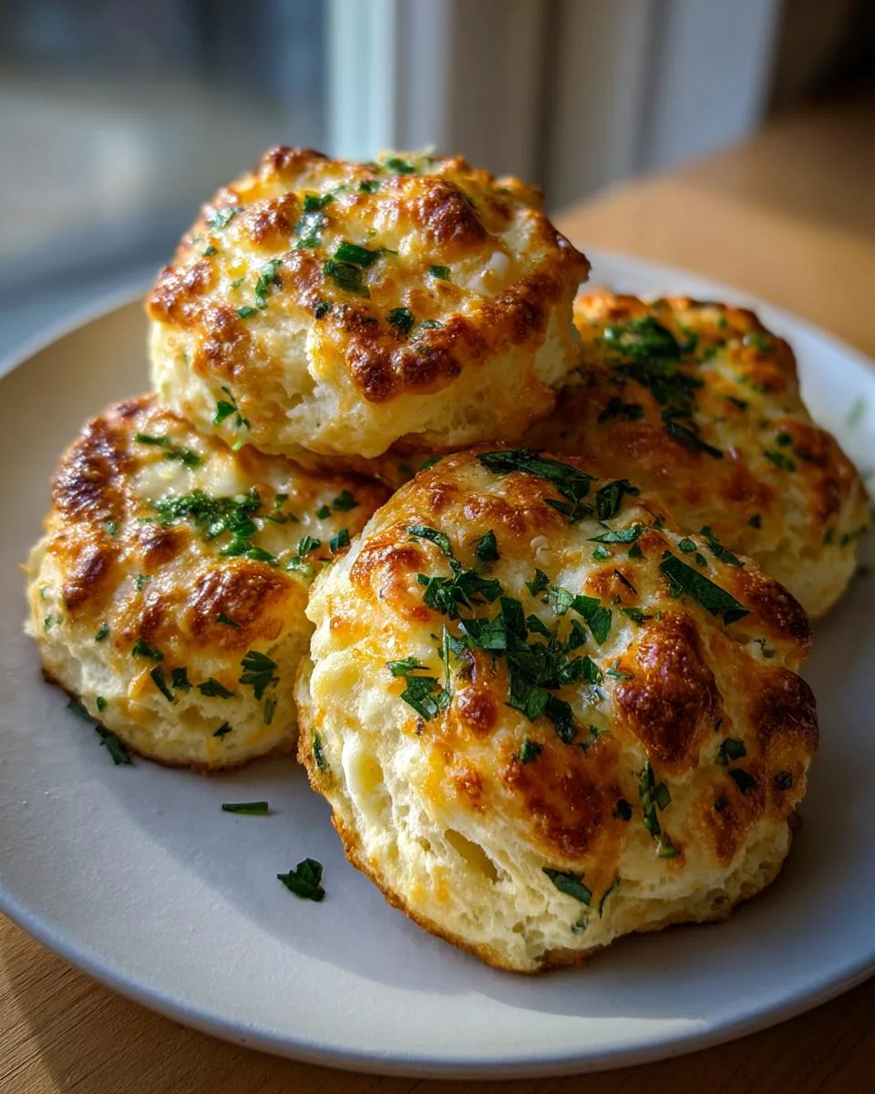 A stack of golden-brown cheddar garlic biscuits topped with melted cheese and fresh parsley.