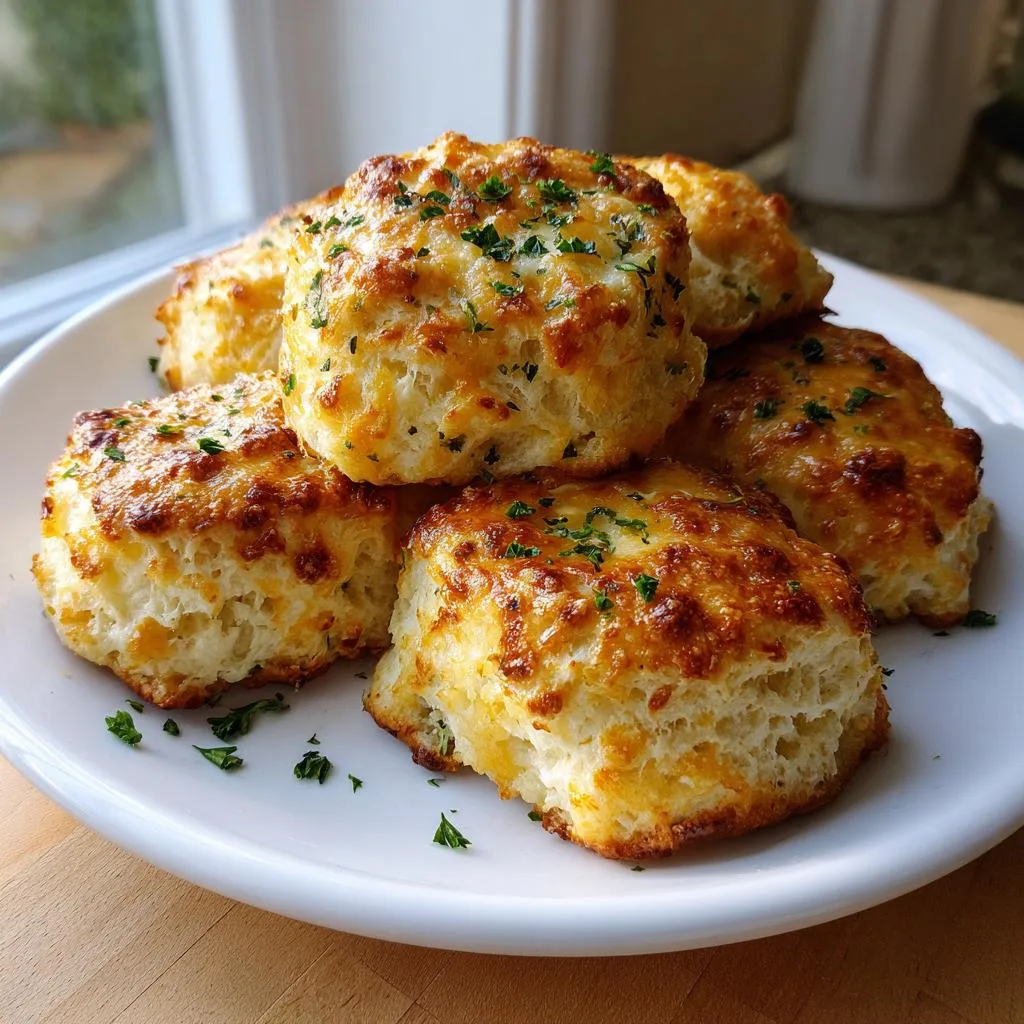 A stack of golden brown cheddar garlic biscuits topped with melted cheese and fresh parsley.