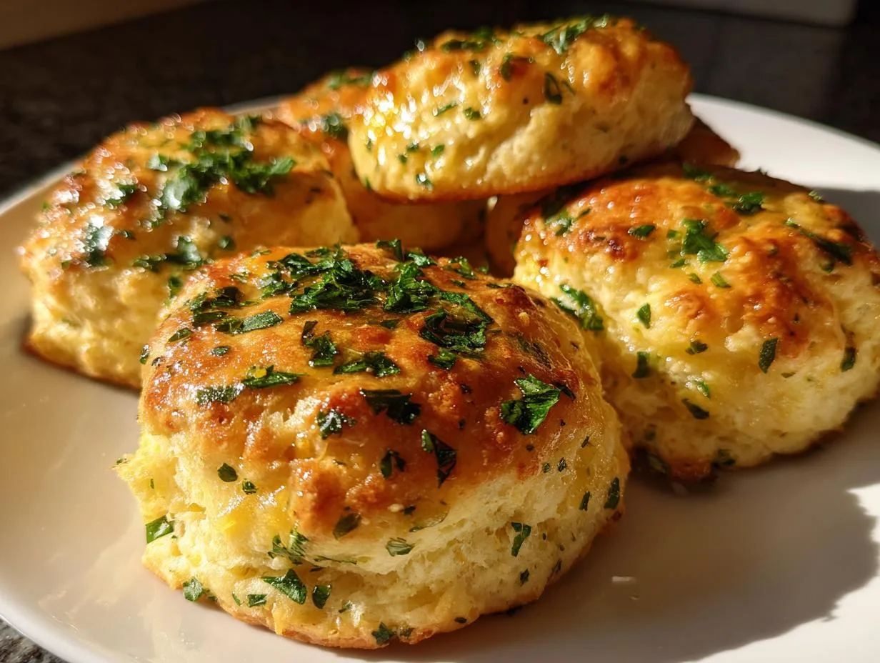 A close-up of golden-brown cheddar garlic biscuits topped with fresh parsley on a white plate.