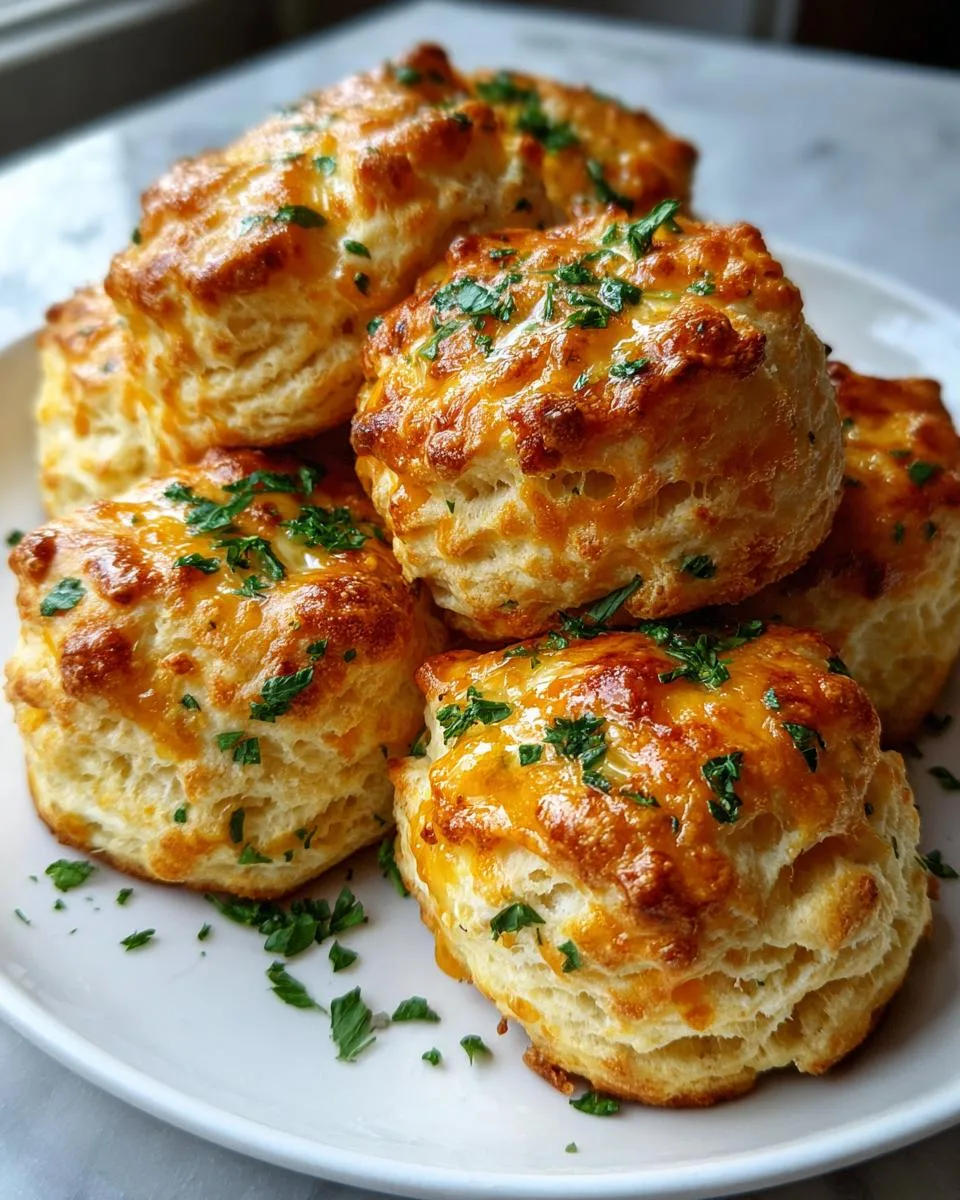 A stack of golden-brown cheddar garlic biscuits, topped with melted cheese and fresh parsley.
