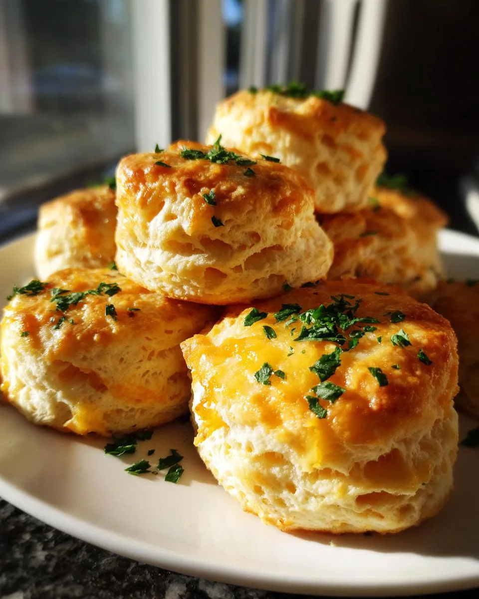 A stack of golden-brown cheddar garlic biscuits, topped with fresh parsley, on a white plate.