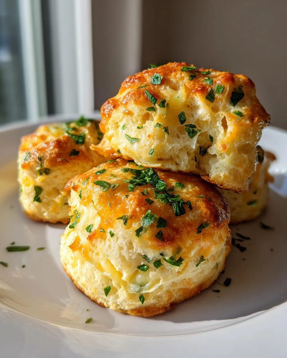 A stack of golden-brown cheddar garlic biscuits, topped with fresh parsley, on a white plate.