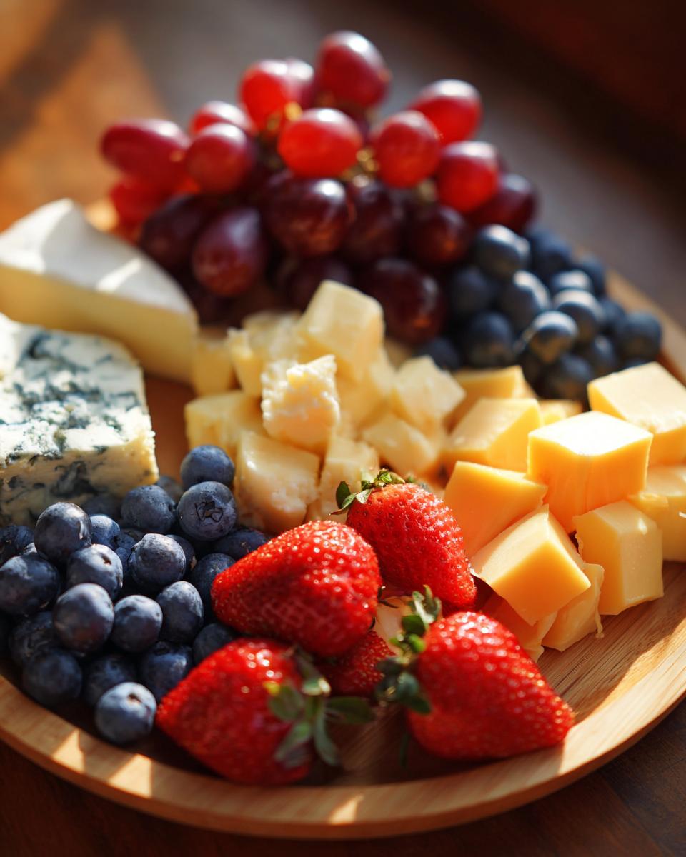 A beautiful cheese board with various cheeses, grapes, blueberries, and strawberries, perfect for new years eve food ideas.