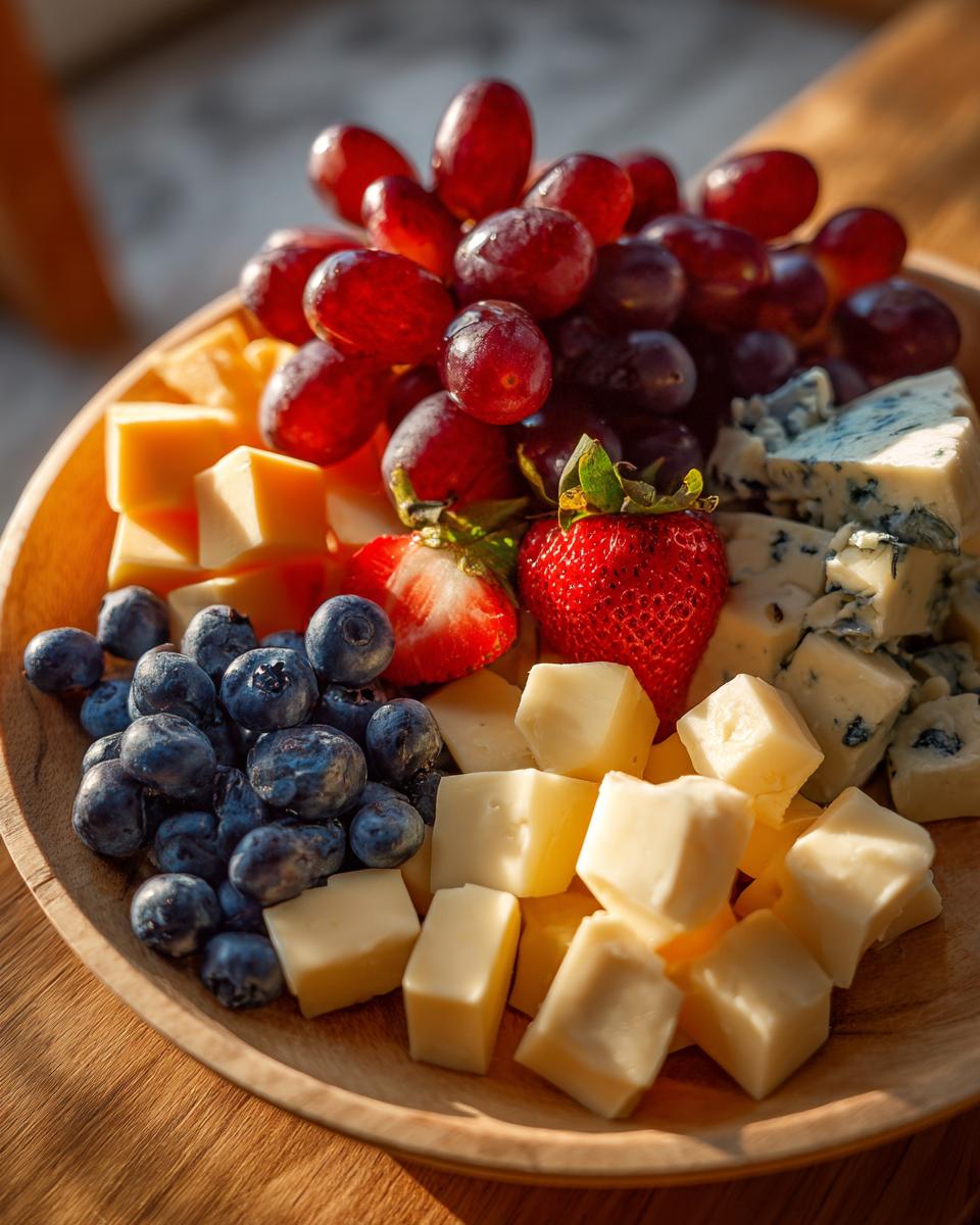 A vibrant cheese and fruit platter featuring grapes, strawberries, blueberries, and assorted cheeses, perfect for New Years Eve food ideas.