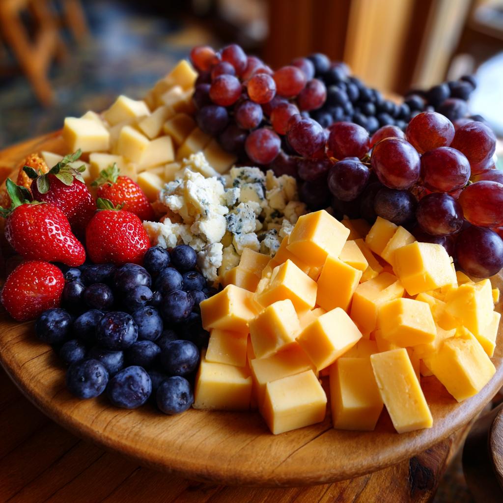 A colorful cheese and fruit platter featuring cubed cheddar, blue cheese, strawberries, blueberries, and grapes, perfect for new years eve food ideas.