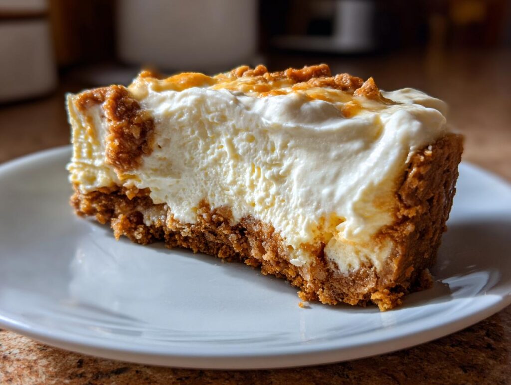 A close-up of a creamy slice of cheesecake with a graham cracker crust, part of our irresistible cheesecake recipes.