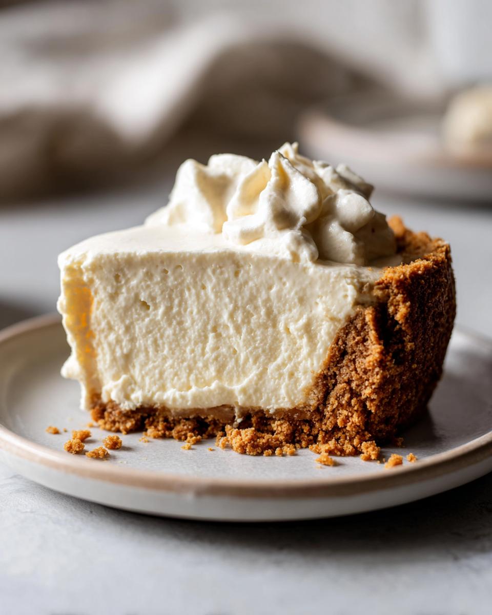 A slice of creamy cheesecake with a graham cracker crust, topped with whipped cream, from one of our cheesecake recipes.