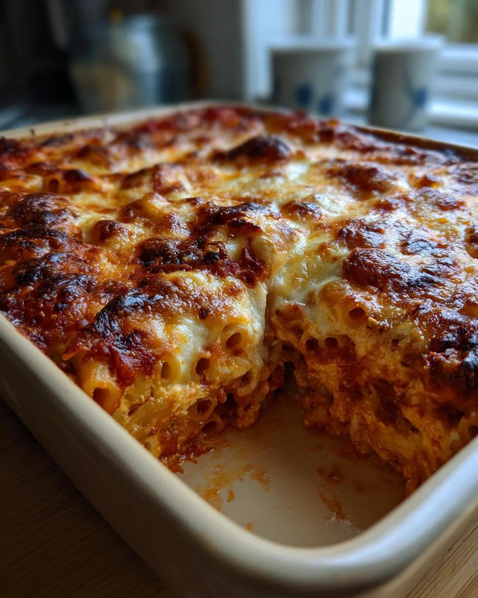 A close-up of a golden-brown, bubbly Cheesy Baked Ziti in a tan baking dish, with a slice removed.