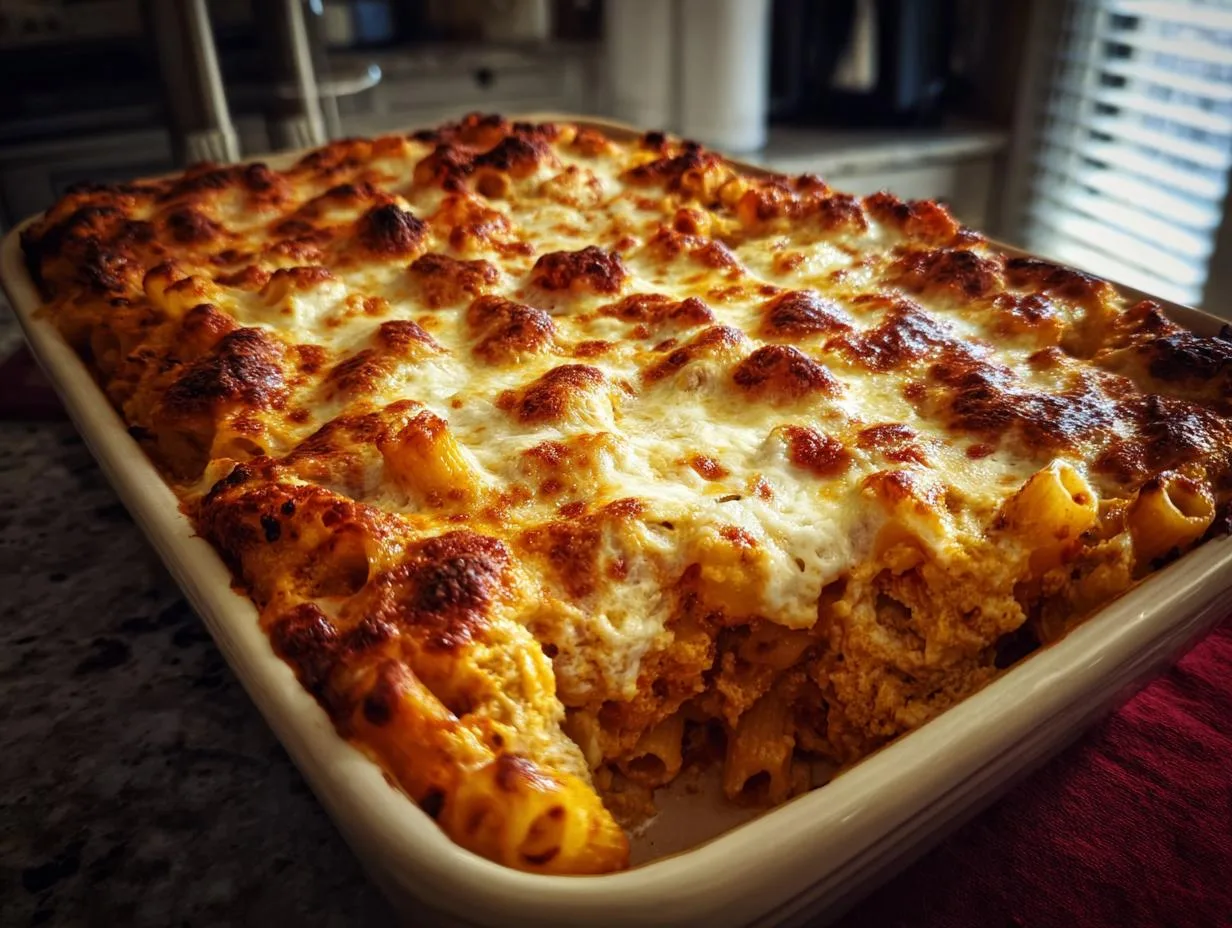 A close-up of a bubbly, golden-brown Cheesy Baked Ziti in a baking dish, with a portion scooped out.