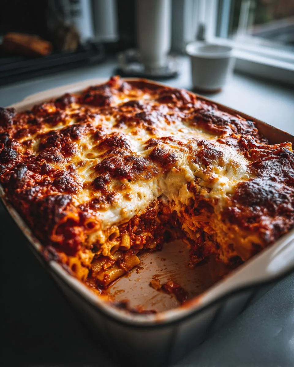 A pan of golden-brown, bubbly Cheesy Baked Ziti with a serving removed, revealing layers of pasta and sauce.