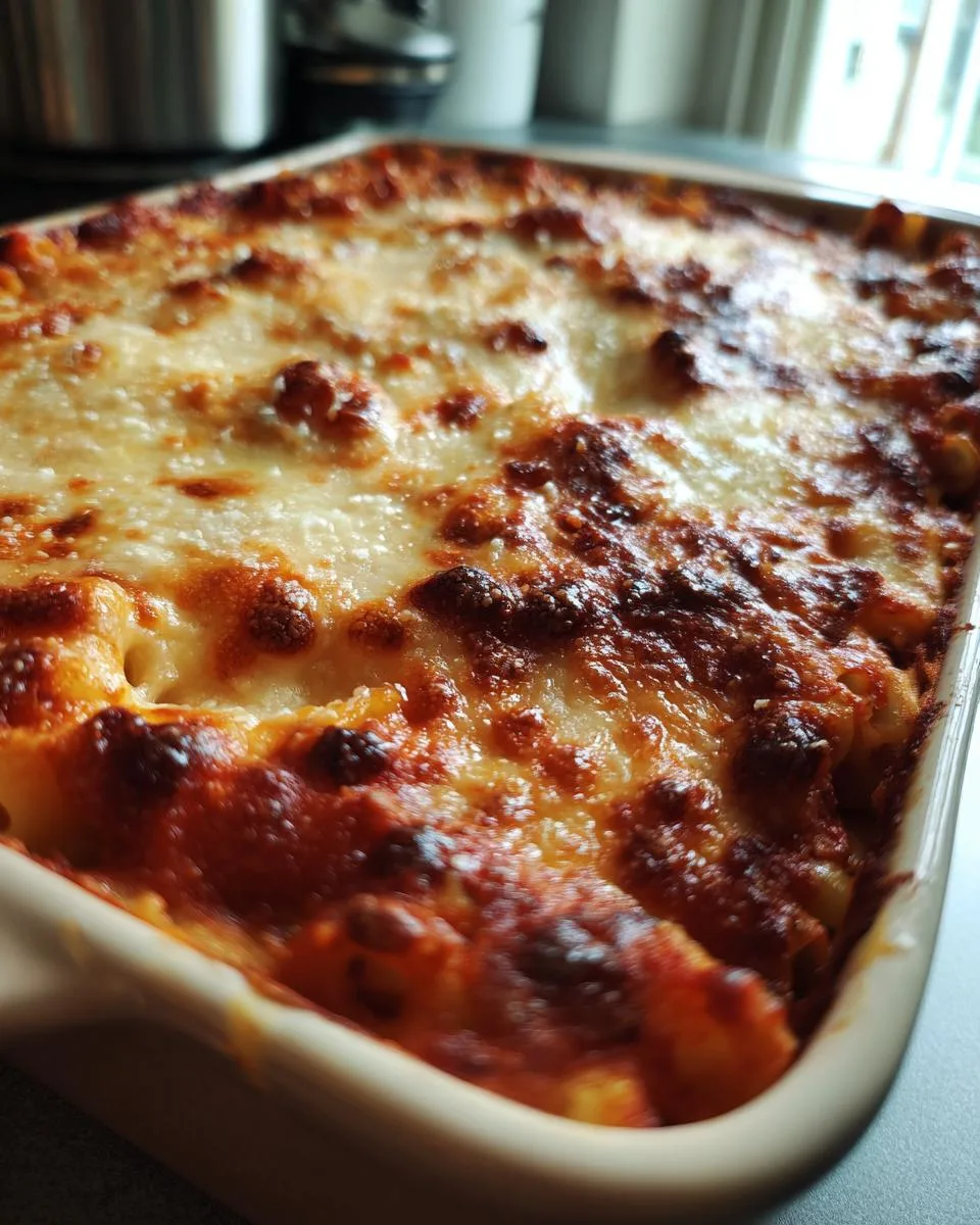 Close-up of a bubbly, golden-brown cheesy baked ziti in a baking dish, fresh from the oven.