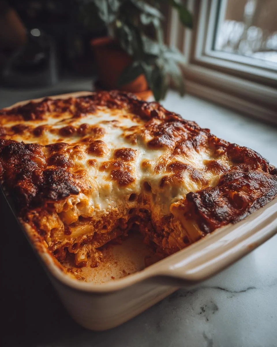 A close-up of a pan of Cheesy Baked Ziti, with golden-brown melted cheese on top and a serving removed.