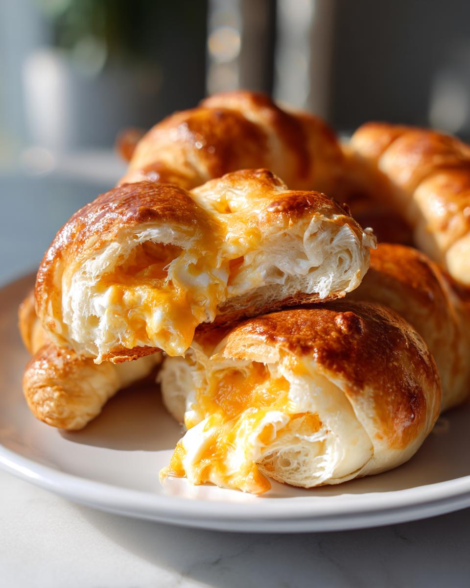 Close-up of cheesy crescent rolls, a perfect new years eve food, with melted cheese oozing out.