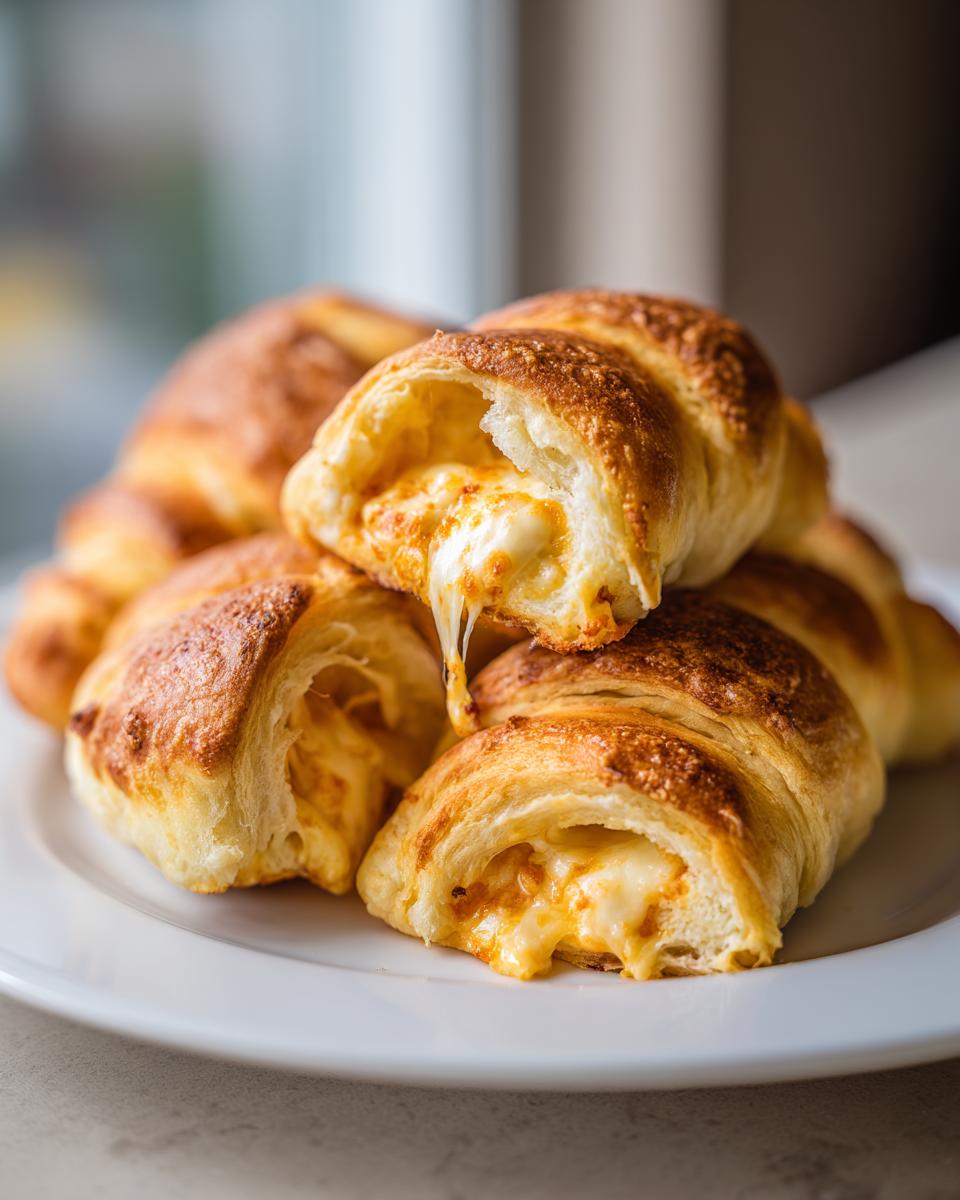 Close-up of golden-brown croissants filled with melted cheese, perfect for new years eve food.