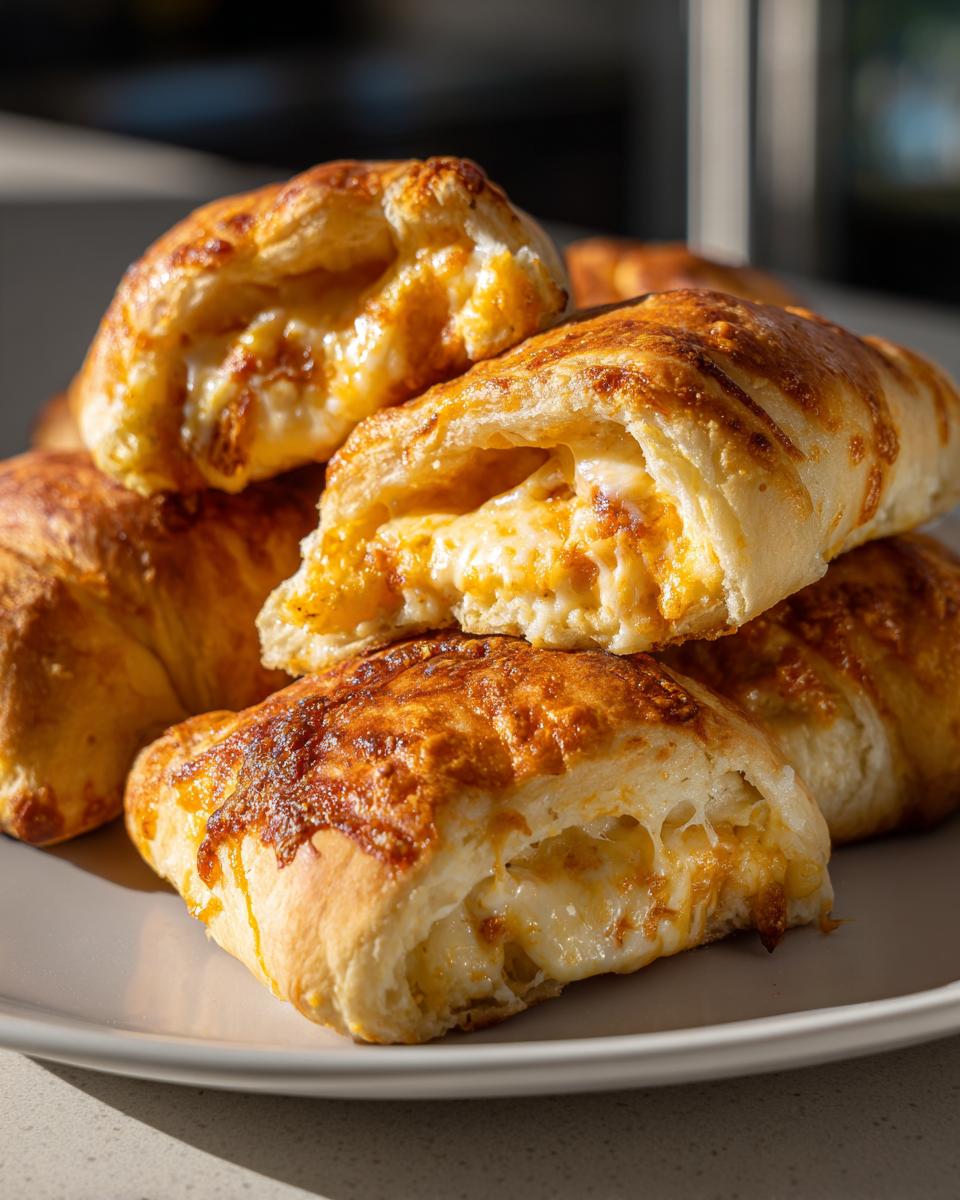 Close-up of golden-brown, flaky pastries filled with melted cheese, perfect for new years eve food.