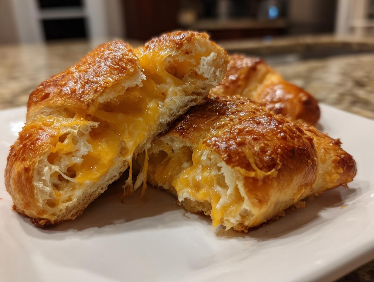 Close-up of a golden-brown cheesy bite, split open to reveal melted cheddar cheese, perfect for New Years Eve food.