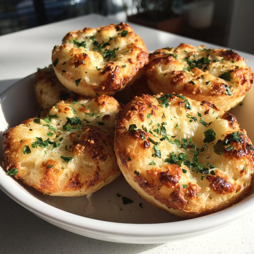 Close-up of golden-brown cheesy garlic bites sprinkled with parsley, perfect for New Year's Eve party food.