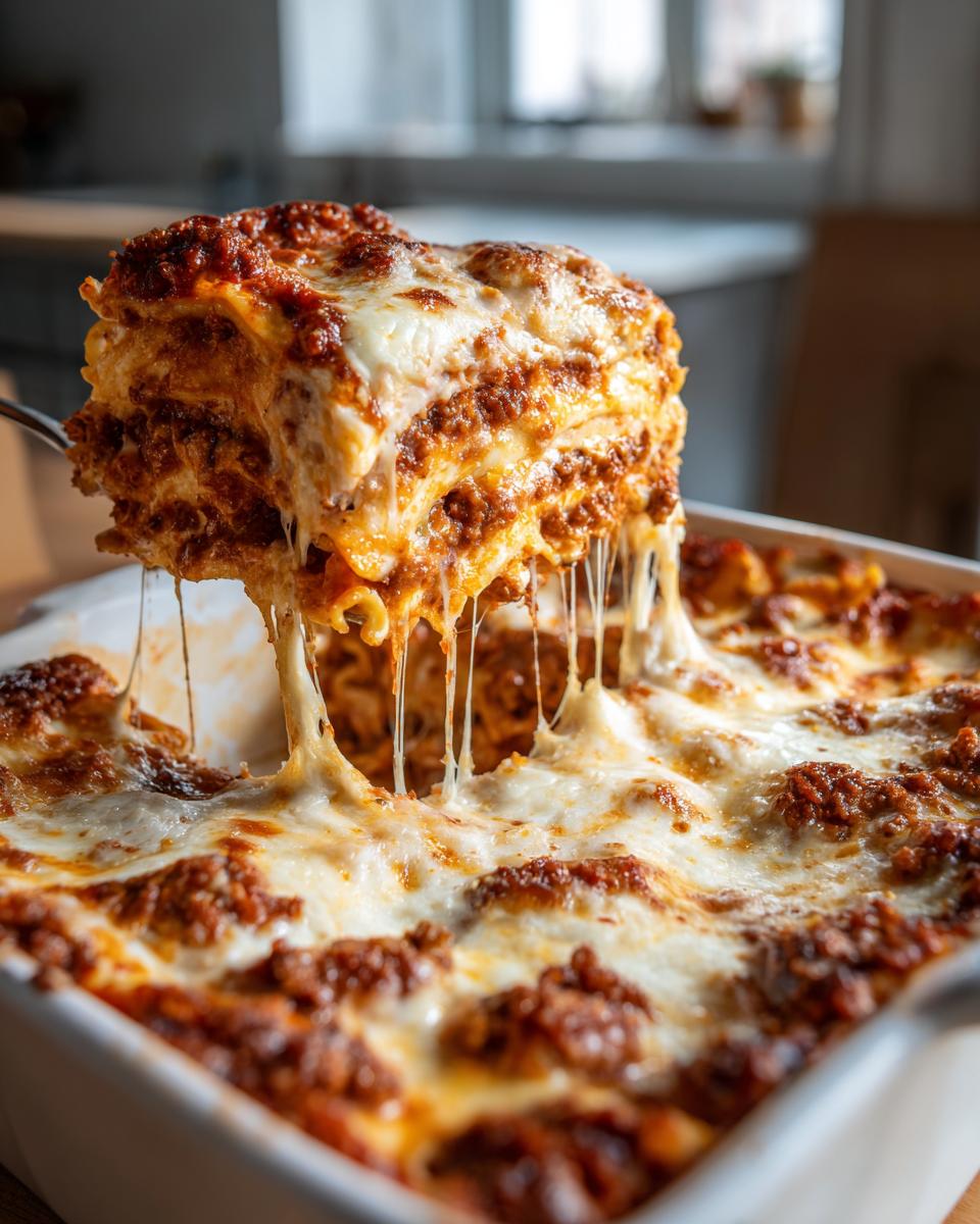 A mouthwatering slice of cheesy lasagna recipe being lifted from a baking dish, with melted cheese stretching.
