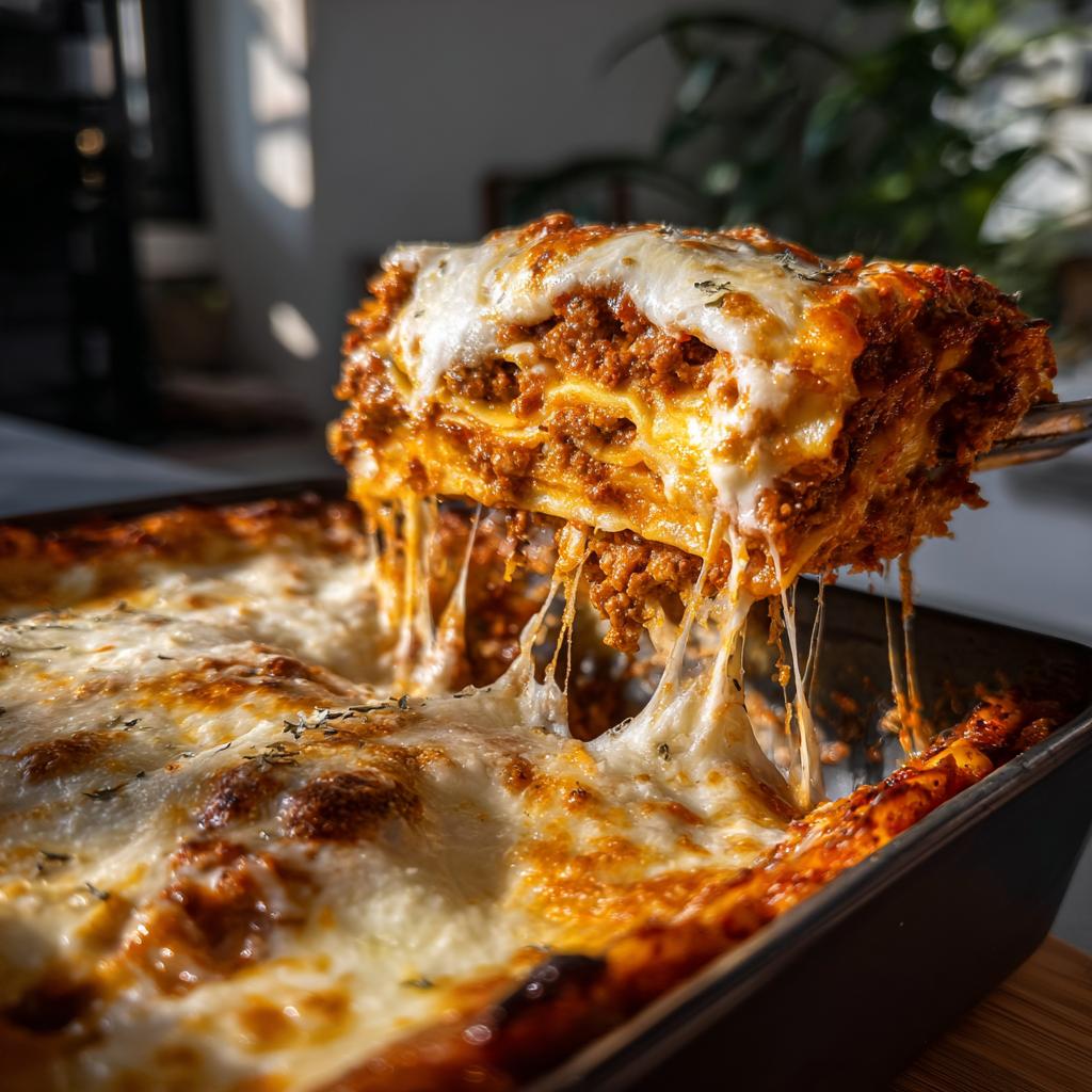A slice of cheesy lasagna being lifted from a baking dish, with melted cheese stretching.