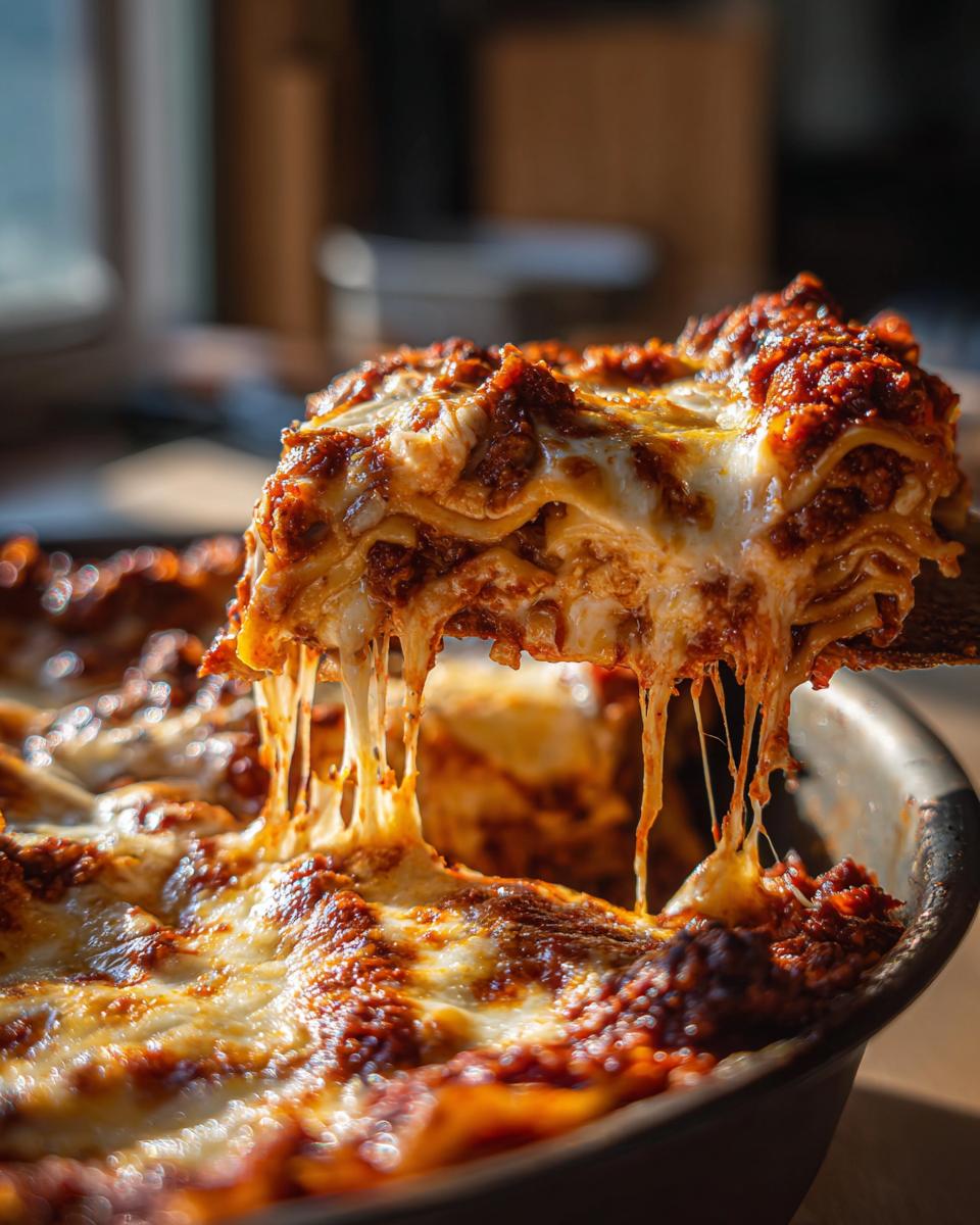 A slice of cheesy lasagna being lifted from a baking dish, with long strands of melted cheese.
