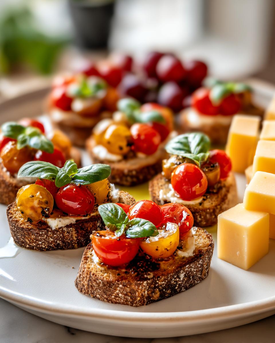 Close-up of cherry tomato bruschetta, a perfect new years eve appetizer, topped with fresh basil.