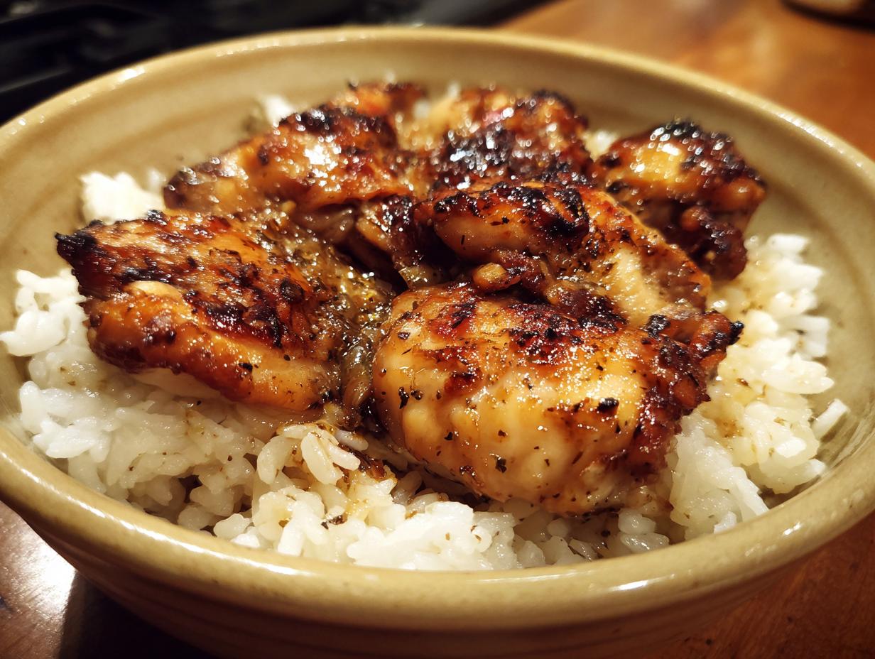 Close-up of a bowl filled with fluffy white rice topped with juicy, glazed chicken pieces.